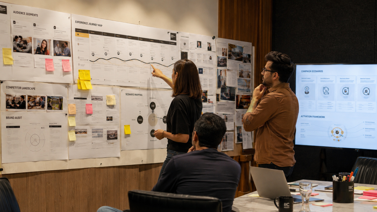 team mapping customer experience journey on wall board.